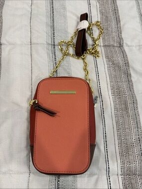 Women's Crossbody Phone Bag in Coral with Gold Chain